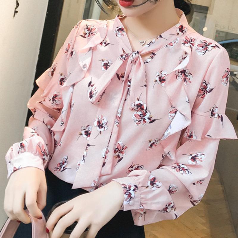 

Office Ladies Sweet Shirt 2021 Praire Chic Floral Print Chiffon Top Shirts Women' Korean Style Casual Loose Elegant Pink Blouse