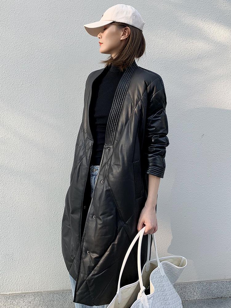 

Haining leather down jacket winter new 2021 women' leather clothes women' middle and long fashion loose coat, Black