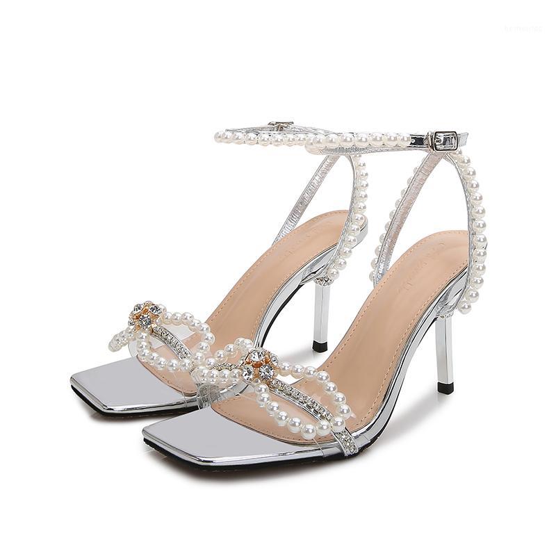 

INS hot summer woman white pearls knot high heel sandal woman high heel White pearl bow rhinestones sandal real photos1, As pic