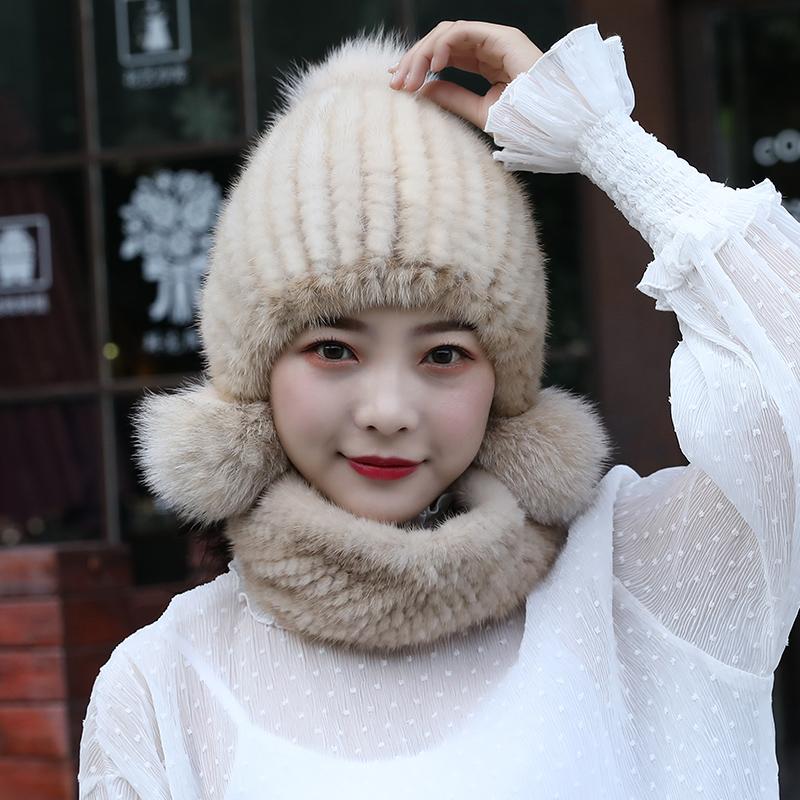 

Hats, Scarves & Gloves Sets Mink Hat Lady Winter Neck Wrap Warm Ear Protector Fur Scarf Korean Version Of Wool