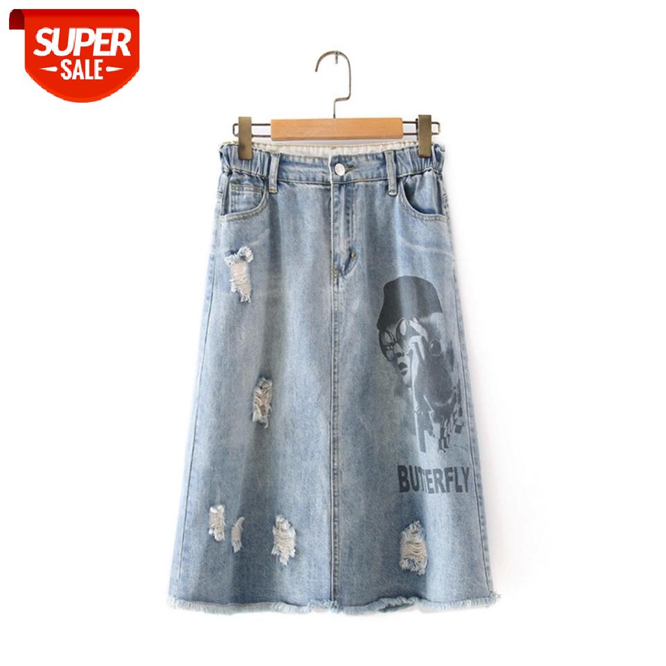 

2020 New Autumn Women Loose Denim Printed Midi Skirts Female High Waist Jean Skirt Plus Size 5xl Ladies A line Skirt #od5D, White;black