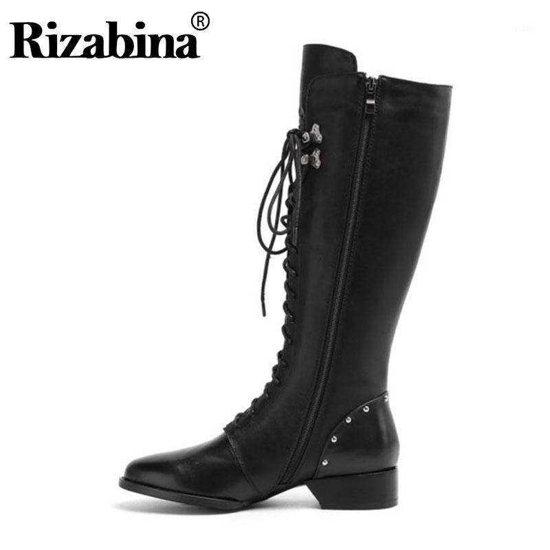 

RIZABINA Real Leather Knee High Boots Women Zipper Cross Strap Knight Boots High Quality Shoes Women Long Size 34-431, Black