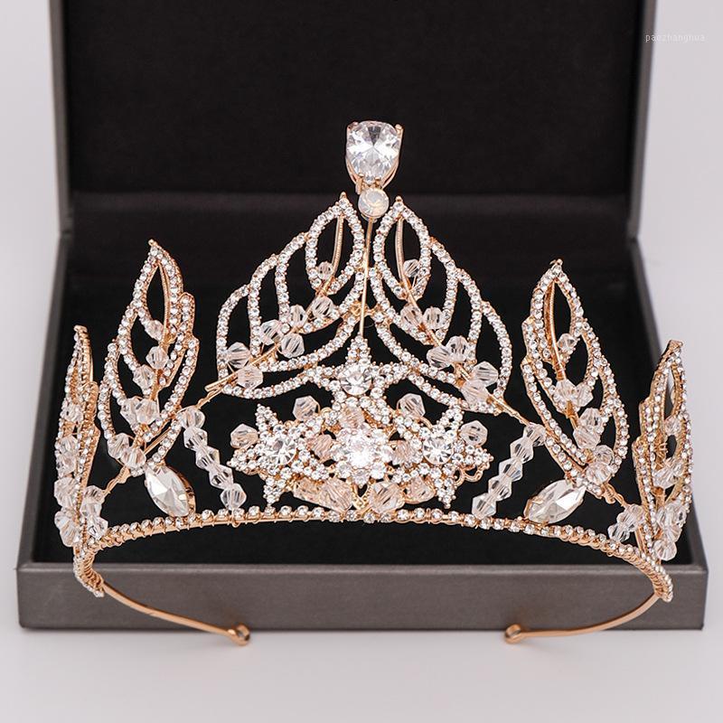 

Baroque Vintage Leaf Star Crystal Bridal Tiaras Big Crown Women Rhinestone Gold Pageant Diadem Wedding Hair Accessories Jewelry Clips & Barr, Golden;silver