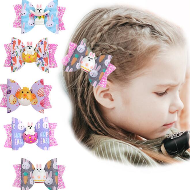 

Children Cartoon Anime Bow Leather Hair Clip Easter Egg Cute Rabbit Print Bow Hairpin Boutique Girls Hair Accessories BY1652, Purple