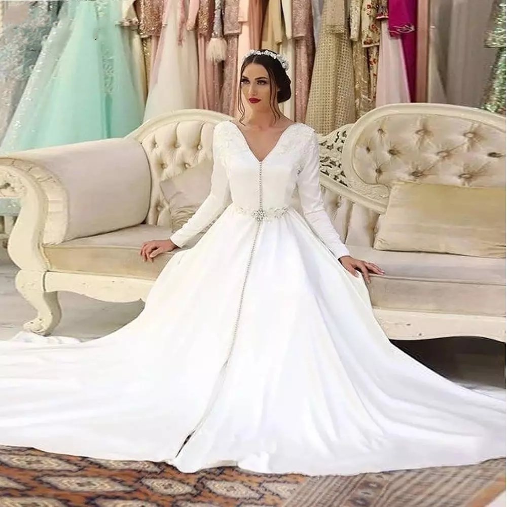 

White Moroccan Caftan Muslim Wedding Dresses 2021 Robe De Mariee Lace Satin Elegant BRidal Gowns Long Sleeves A-Line Bridal Marriage Dress