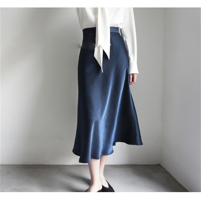 

New 2021 High Waist Spring the Line Fashionable Pure Color Blue Women's Clothes Faltering Female Jupe Skirt T6tu, Royal blue.