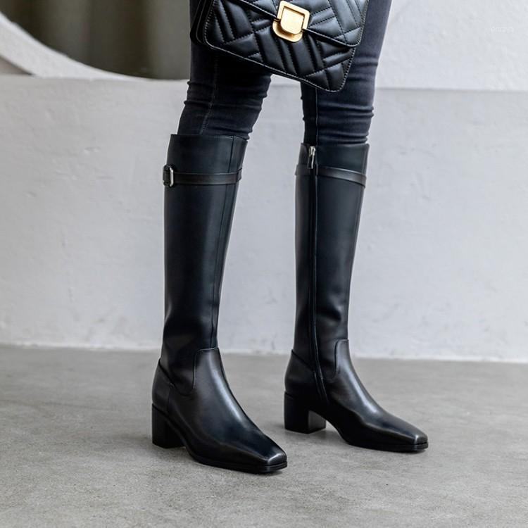 

PXELENA NEW Plus Size 34-43 Women Genuine Leather Knee High Boots Chunky Heel Zip Luxury Knight Riding Boots Lady Shoes1, 3cm autumn