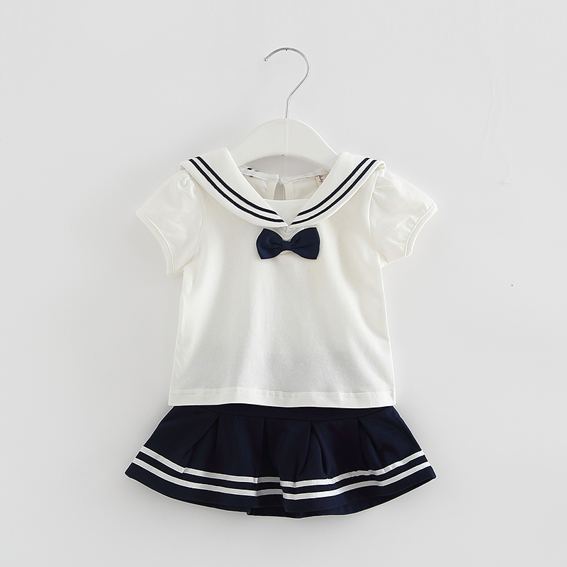 

2021 Idea Fish Clothing Preppy Style New Summer T-shirt+skirt 2pcs Girls Clothes Sets Pink Navy Whtie 0-2t Yah1, Ivory