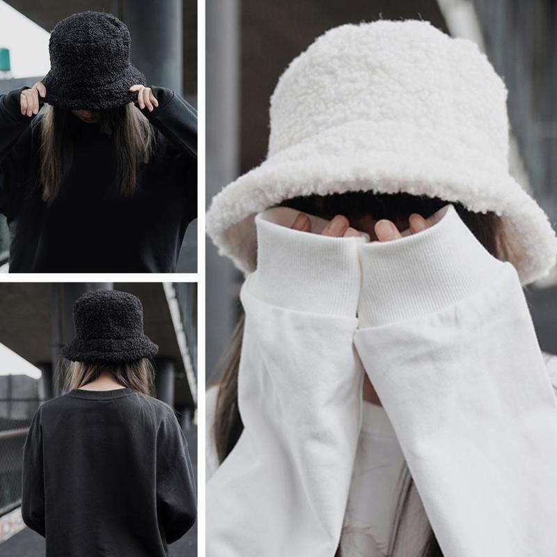 

New Outdoor Warm Lamb Faux Fur Bucket Hat Black Solid Fluffy Fishing Cap Panama Bob Fisherman Gorros Women Winter 2020