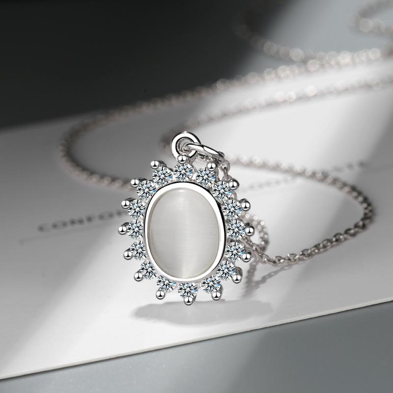 

Women silver color Pendant Necklaces Created Oval White Opal flower Cubic Zirconia Necklace Birthday Gifts for Wife