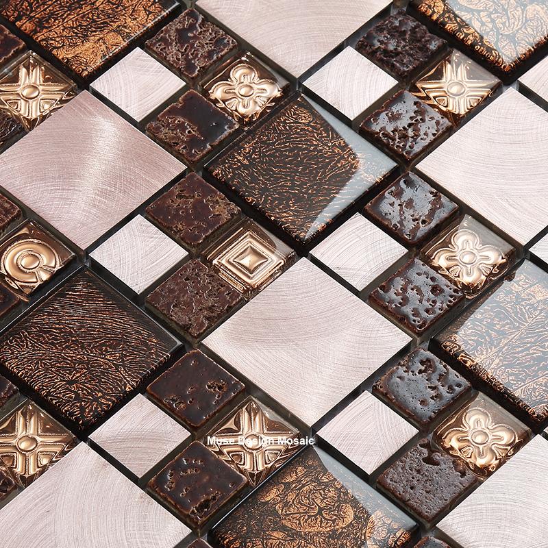 

Brwon Coffee Stainless Steel Flower mixed Crystal Glass Mosaic Tiles for kitchen backsplash bathroom Liner wall sticker Retro, 8 tiles brown