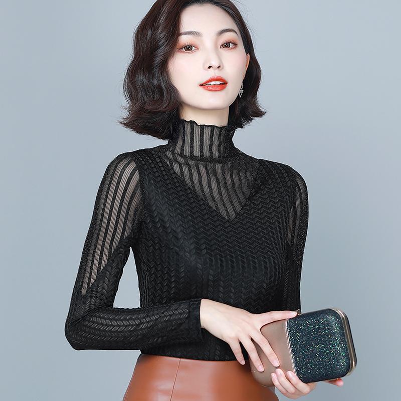 

New 2020 Autumn Long Sleeve Women's T-shirts Fashion Casual Turtleneck Mesh Tops Plus Size Lady Tshirts Black Blusas