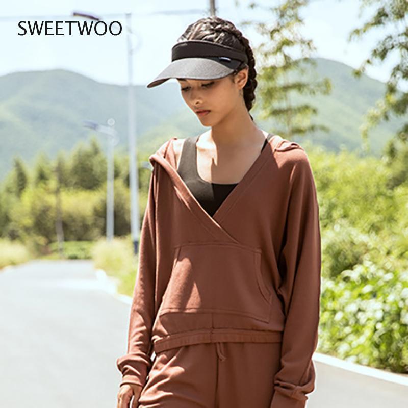 

New Cotton Women Hoodie Cozy Running Training Pullover Loose Sweatshirt Soft Sports Wear V Neck Sports Sweater Yoga Jacket, Black