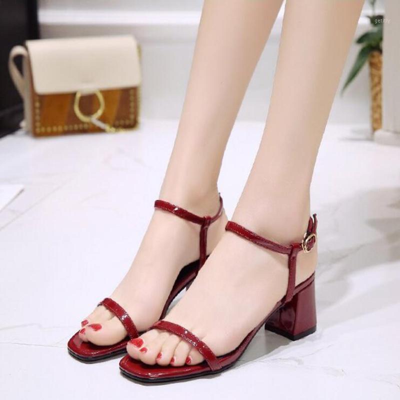 

mokingtop 2021 Women sandalia feminina Ladies Rome Retro Open Toe Solid Square Toe Heel Sandals Beach Shoes Thick one-button1, Red