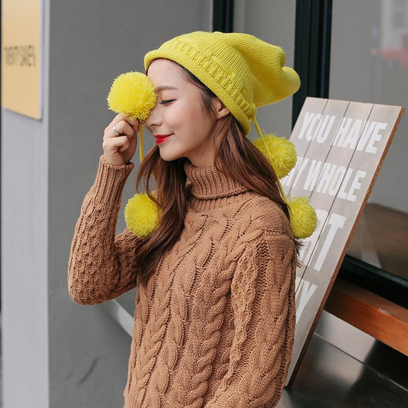 

Hat for women outdoor winter warm hat no brim cap pocket solid color 4 wool ball acrylic knit, Green
