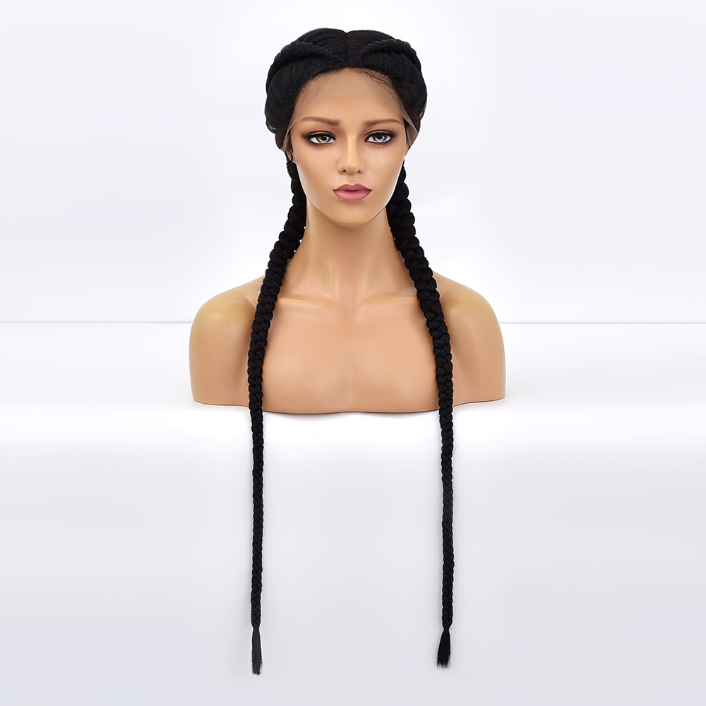 Costume Accessories Braided Lace Front Wig Synthetic Wigs For Black Women 36 Inch Long Dutch Twins Braids With Baby Hair 360 Lace Frontal-image-749167356