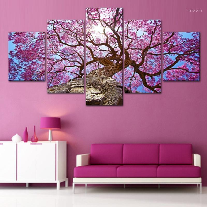 

Modern Home Wall Art Decor Framework Pictures 5 Pieces Beautiful Pink Cherry Tree Landscape HD Printed Painting On Canvas Poster1