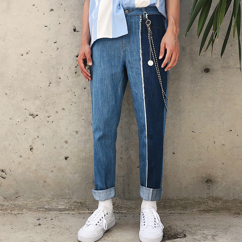 

2021 New Original Unilateral Blue Mosaic Jeans Korean Version of Casual Tendency Slacks Straight CKF4