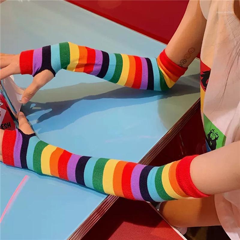 

2 Pcs/Pair Rainbow Striped Long Gloves Autumn Warm New Half Finger Arm Sleeve Knitted Sunscreen Arm Sleeve Gloves1