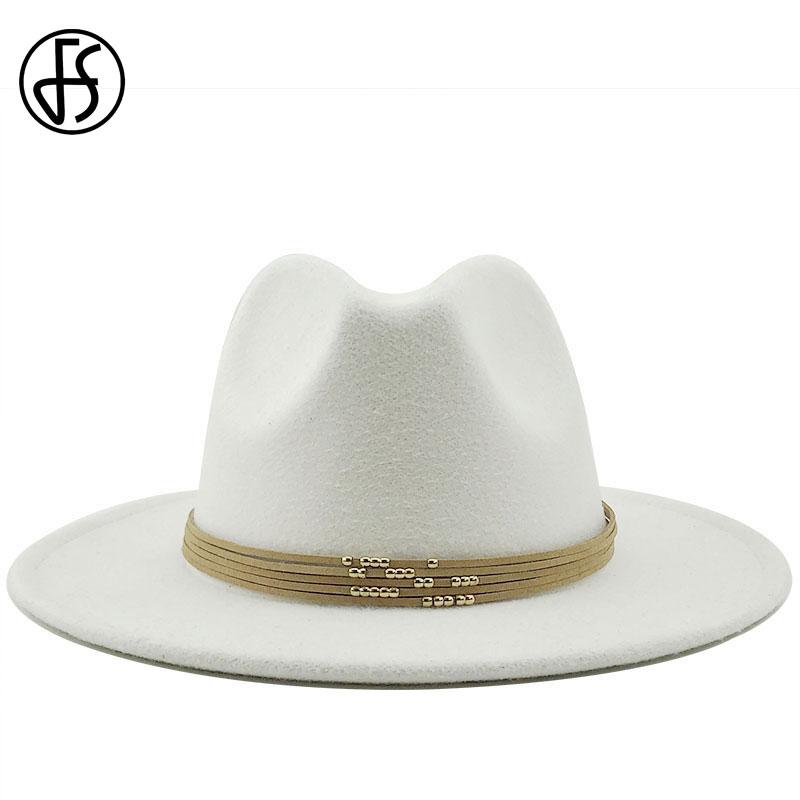 

Wide Brim Hats FS Winter Wool Jazz Fedora Men Women With Leather Suede Belt Felt Hat White Yellow Panama Trilby Formal Party Cap