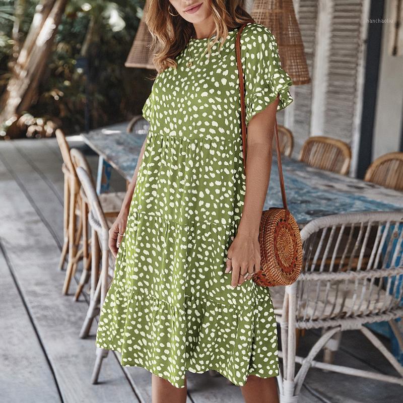 

2020 New dresses Women Fashion Dot Print Short Sleeve O-Neck Loose Dresses Mini Dress Summer Ruffled beach dress1