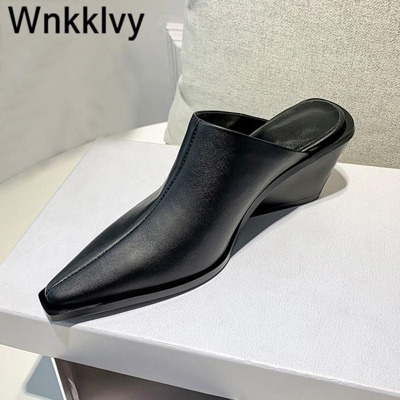 

2020 Spring Summer pumps wedge High Heels pointed toe Flip Flops Outdoor Slippers Women lazy mullers leisure shoes sandalias1, Black