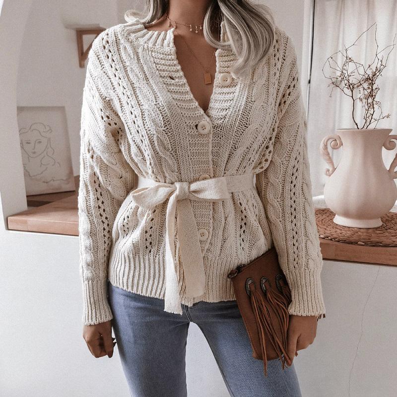 

Fashion Autumn V-Neck cardigan For womens winter casual button strap twist knit sweater cardigan Female Vintage Cardigans coats, White