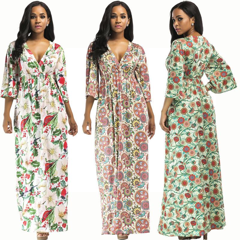 

Fashion plus size women dress sexy deep V-neck straight ankle-length sashes summer dress European and American style for ladies, Brown