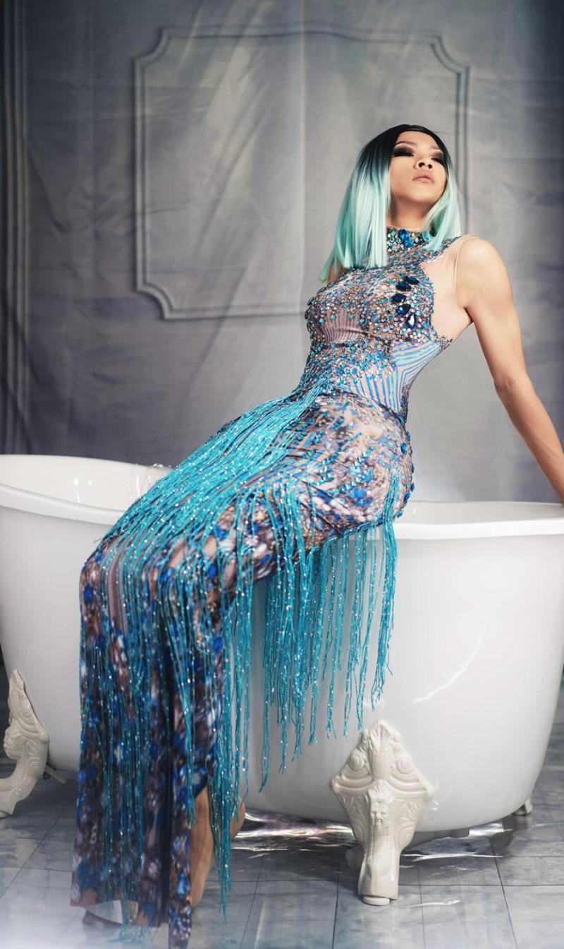 

Female blue Rhinestones Fringes Dress Stage Wear Big Stretch Dress Singer Evening Performance Tassel Evening Long