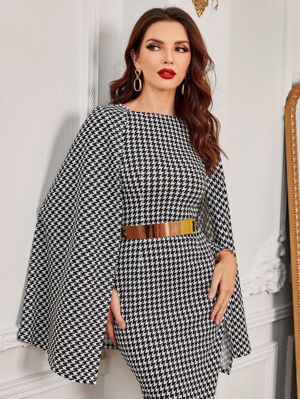 

Houndstooth Cloak Sleeve Slit Back Dress Without Belt SHE, Black and white