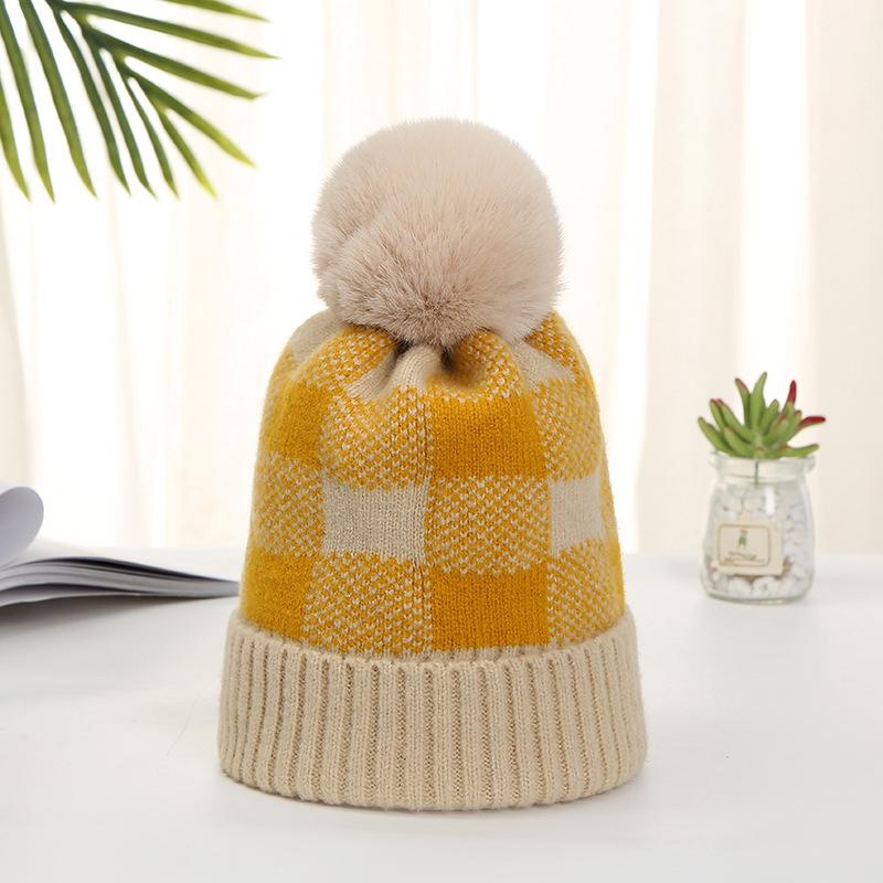

Ladies Plaid Knitted Fur Pom Ball Beanies Winter Thicken Warm Removable Pompom Skullies Ski Snow Cap Hat Streetwear Bonnet, Yellow