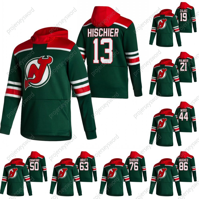 

New Jersey Devils 2021 Reverse Retro Hoodie Nico Hischier Travis Zajac Miles Wood P.K.Subban Jack Hughes Andreas Johnsson Ryan Murray Jersey, 44 miles wood