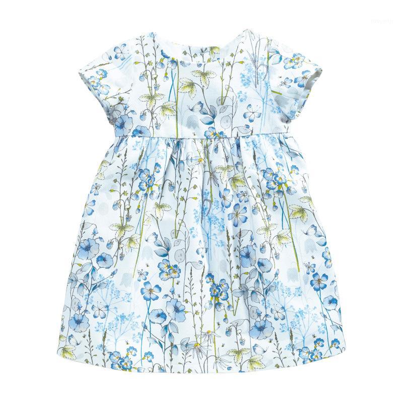 

Little Maven New Summer Kids Sky Blue Floral Printed O-neck Girls 2-7yrs Short-Sleeved Cotton Knitted Casual Princess Dresses1