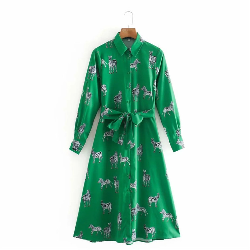 

2021 New Woman Animal Printed Shirt Summer Vintage Long Sleeves Turn Up Collar Midi Dress Fashion Tied Belt Button Dresses Rspo, White