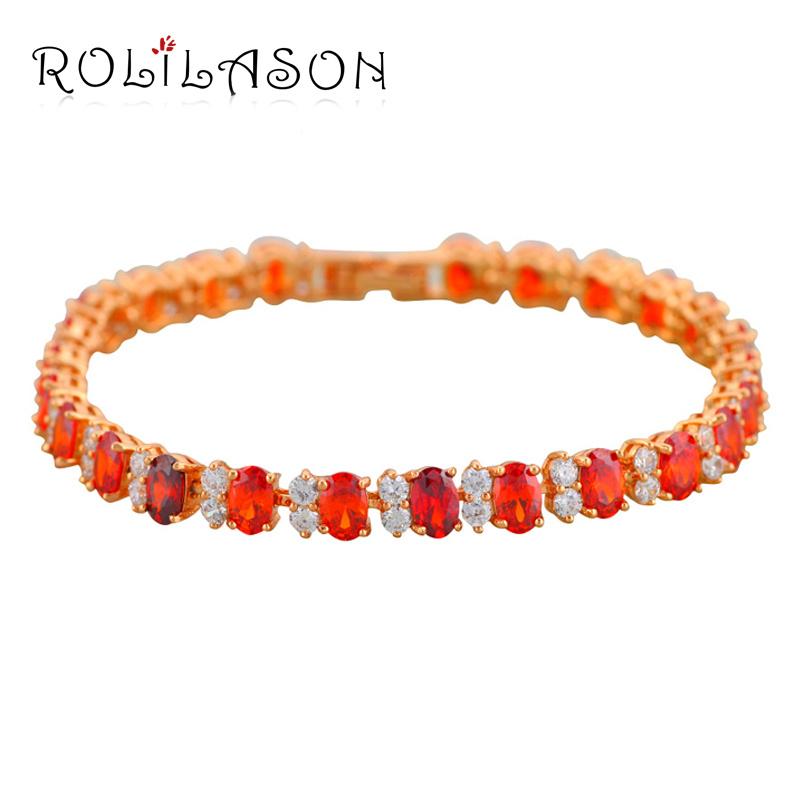 

ROLILASON vintage Red Garnet Crystal Zirconia Gold color Bracelets Health Nickel Lead free Fashion jewelry TB416