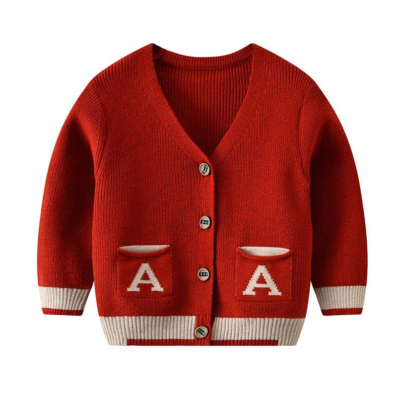 

Autumn New Korean Boy Cardigan Kids Letter A Pocket V-neck Knitted Cardigan Baby British Style Sweater Coats Toddler Outwear, Beige