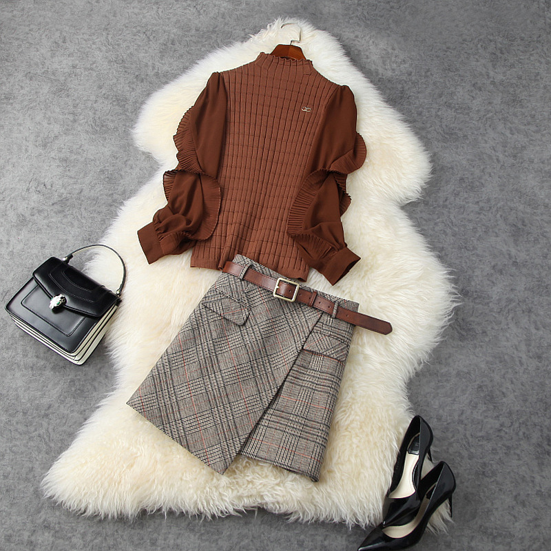 

2020 Fall Winter Long Sleeve Round Neck Knitted Panelled Sweater Top + Plaid Belted Panelled Short Dress Two Piece 2 Pieces Set LD0911684, Brown