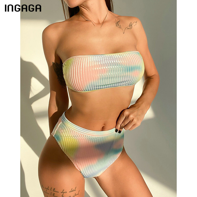 high cut ribbed bandeau bikini set