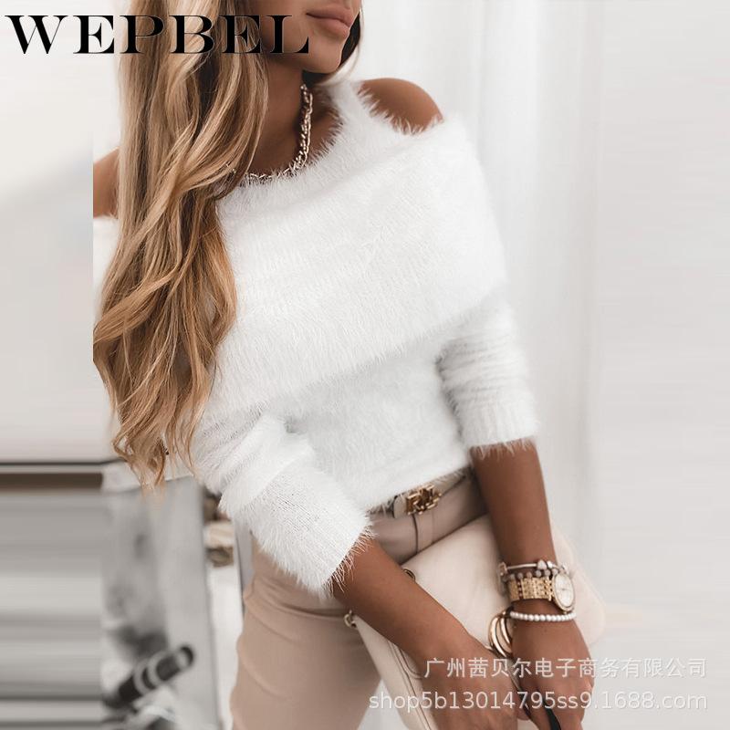 

WEPBEL Women Autumn Winter Elegant Off Shoulder Plush Pullover Sweater Top Ladies Long Sleeve Turn Down Collar Knitted Shirt, Lzs0468c
