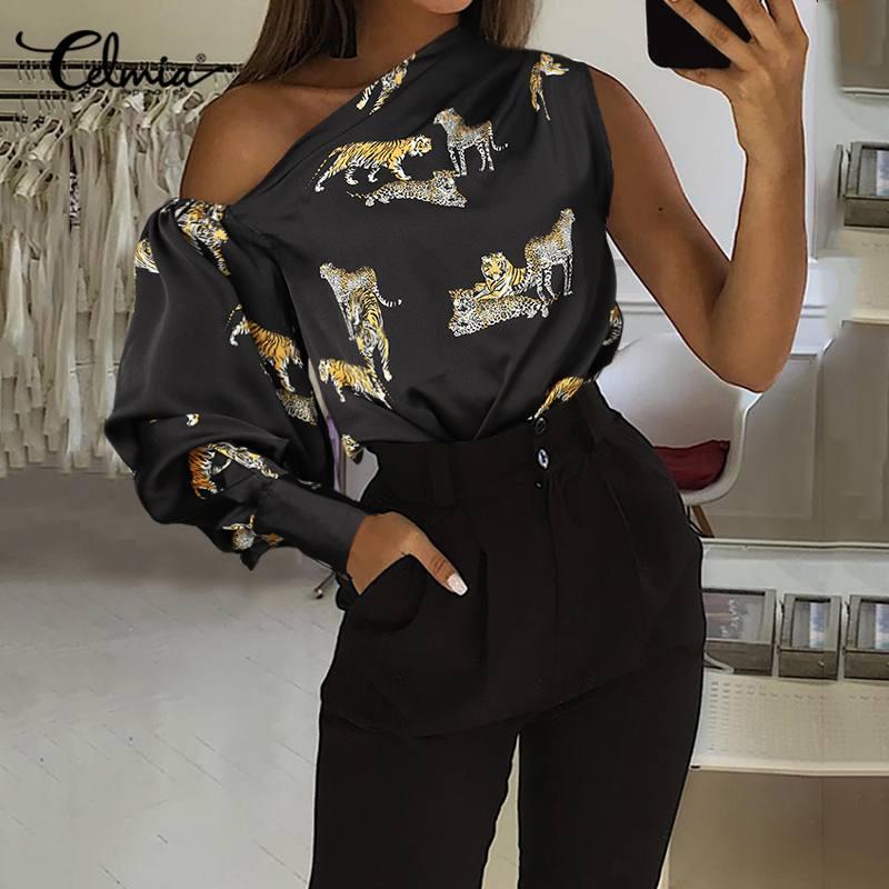 

Celmia Fashion Women Satin Blouses 2020 Sexy Off Shoulder Party Club Tops Casual Shirt Vintage Tiger Print Elegant Office Blusas, Black