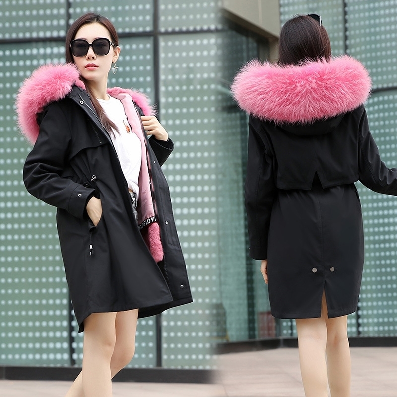 

Real Parka Women Mid-length 88cm Rex Rabbit Liner Detachable Big Fox Fur Collar Jacket Female Extra Long 108cm 201103, Beige