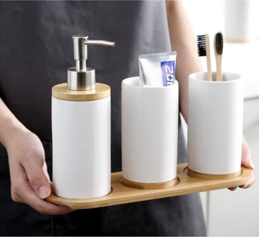 

Promotion Bathroom set Ceramics Mouth cup Toothbrush holder Lotion bottle For toothpaste Bamboo Storage board