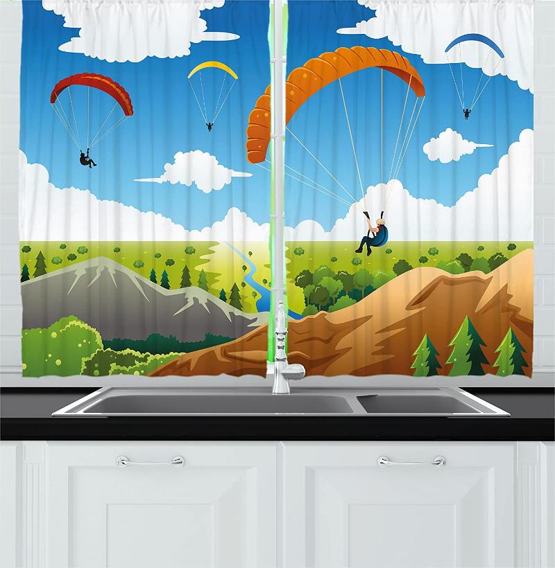 

Cartoon Kitchen Window Curtains Parachute Landscape Mountain River Clouds Palm Trees Kids Nursery Image Landscape Window, As pic