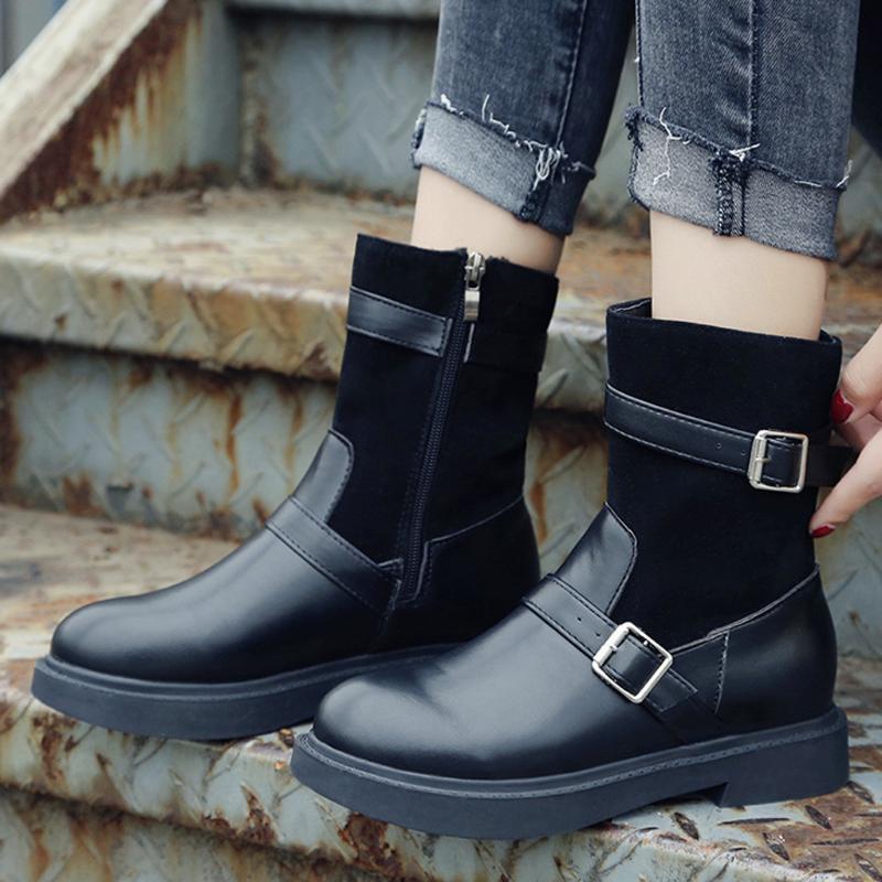 

Buckle Strap Knight Boots Women PU Leather Suqare Heels Pure Color Round Toe Flats Ankle Boots For Women Chaussures Femme, Black