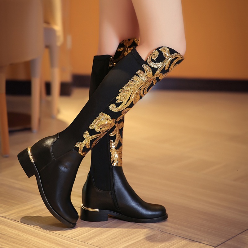 

2021 New Size 34-42 Hot Genuine Female Autumn Fashion Stretch Knee High Boots Shoes IRXM, Black