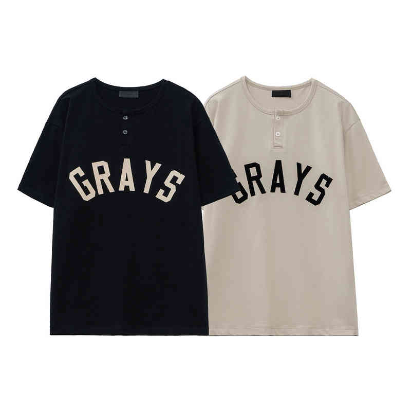 

mens t shirts short sleeve essentials god of fear fog Season 7 main line Henry collar flocked button short sleeve T-shirt, Black