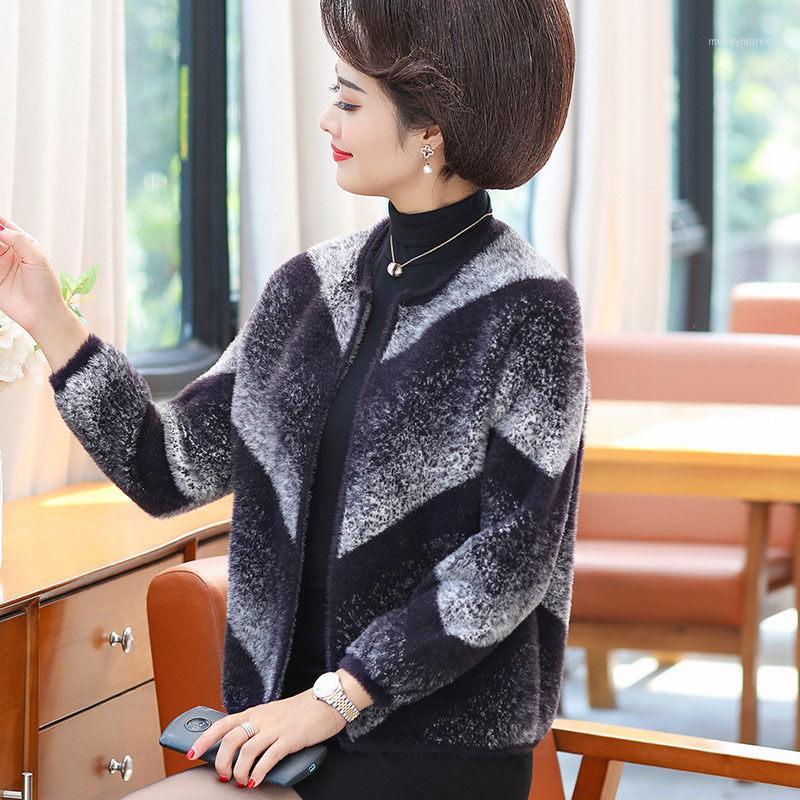 

Middle-aged Female Autumn Noble Imitation Mink Jacket Spring Fashion Short Shawl Sweater Coat Women O-neck Stripe Cardigan f27301, Blue