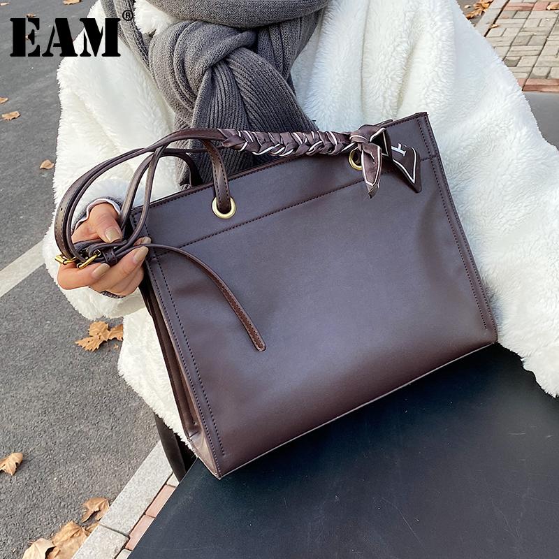 

[EAM] Women New Vintage Silk Scarf PU Leather Flap Personality All-match Crossbody Shoulder Tote Bag Fashion Tide 2021 18A0677, Black