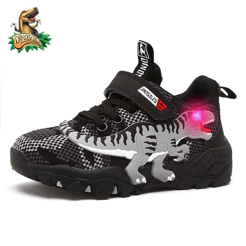 

DINOSKULLS Children's Autumn Shoes 3 Boys T-rex Dinosaur Glowing Sneakers New Net Breathable Kids LED Light Outdoor Shoes 201130, Navy-led