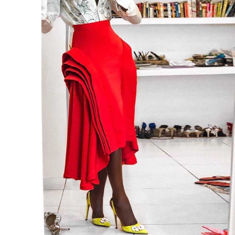 

Fashion Layer Ruffled Skirt Women Red Irregular Pleated Skirt High Waist Zipper Summer Jupe Saias Classy Femme Party Faldas Y200326